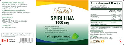 Lovita Organic Spirulina 1000mg per Tablet, Natural Multivitamin Superfood, 100% Vegan, Non-Irradiated, 90 Vegetarian Tablets