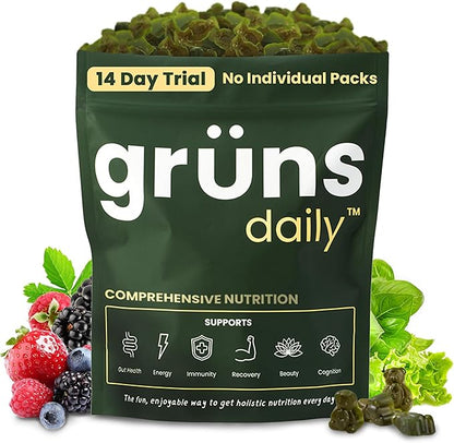 Gruns Adult Super Greens Gummies - Superfood Gummy Bears with Spirulina, Chlorella & Prebiotics for Digestive Health - Adaptogens Supplement with 20 Vitamins & Minerals, Low Sugar- 2-Week Supply