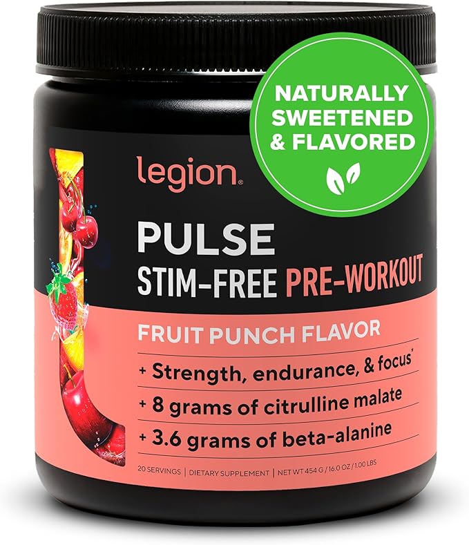 LEGION Pulse Pre Workout Supplement - All Natural Nitric Oxide Preworkout Drink to Boost Energy, Creatine Free, Naturally Sweetened, Beta Alanine, Citrulline, Alpha GPC (Caffeine Free Fruit Punch)