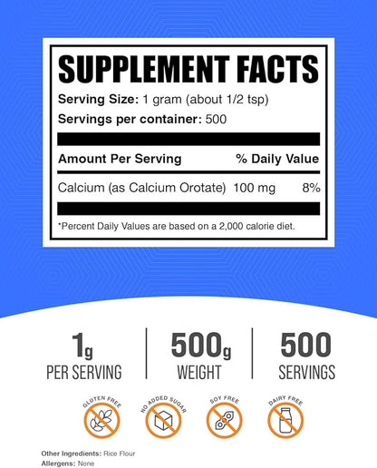 BulkSupplements.com Calcium Orotate Powder - Calcium Powder Supplement, Calcium Orotate Supplements - Gluten Free, 1000mg (100mg Calcium) per Serving, 500g (1.1 lbs) (Pack of 1)