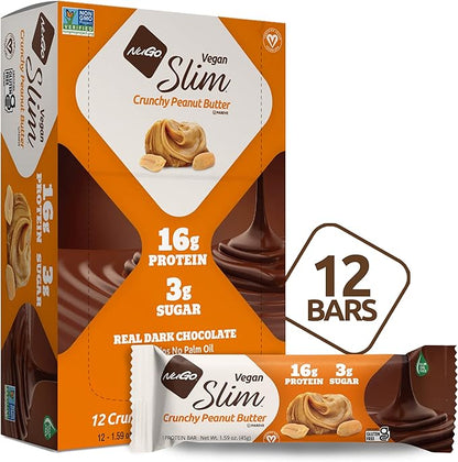 NuGo Slim Dark Chocolate Crunchy Peanut Butter, 17g Vegan Protein, 3g Sugar, 12 Count and NuGo Plant Protein Powder, 20g Protein, 3g Sugar, 25 Servings