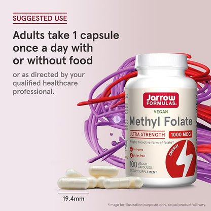 Jarrow Formulas® Methyl Folate 1000 mcg, Dietary Supplement, Methyl Folate for Cellular Energy Support, 100 Veggie Capsules, 100 Day Supply