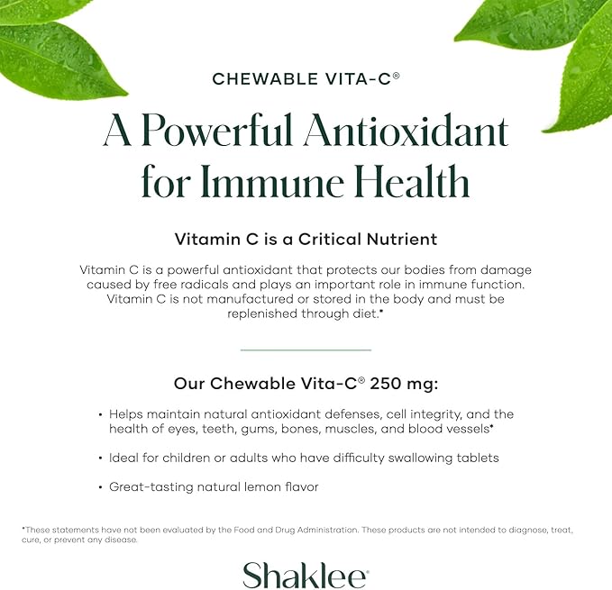 Shaklee - Chewable Vita-C 250mg - Cellular Support and Immune Boost - Lemon Flavored Vitamin C Chewable Tablets for Easy Consumption - Ideal for Children and Adults - 60 Tablets