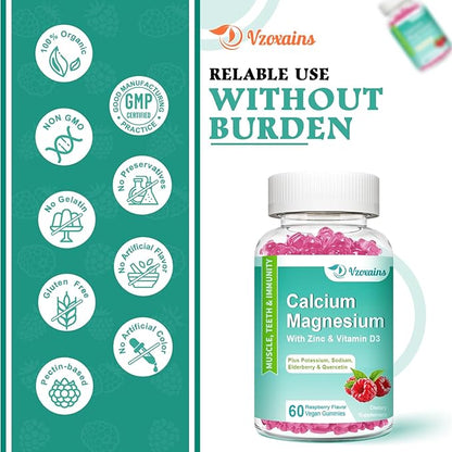 High Absorption Calcium Magnesium Zinc Gummies with Magnesium Glycinate 400mg, Sugar Free Calcium Magnesium Supplement for Bone & Teeth Strength, Muscle Function - Vegan, 60 Count