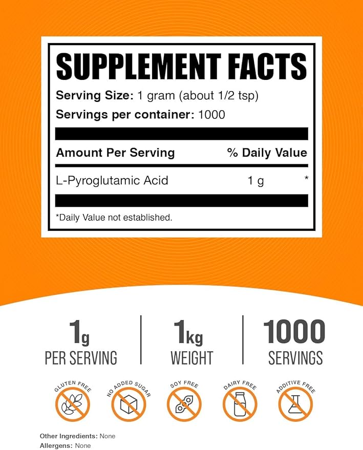 BulkSupplements.com L-Pyroglutamic Acid Powder - Pyroglutamic Acid Supplements, Amino Acid Supplement - for Well-Being, Gluten Free, 1000mg per Serving, 1kg (2.2 lbs) (Pack of 1)