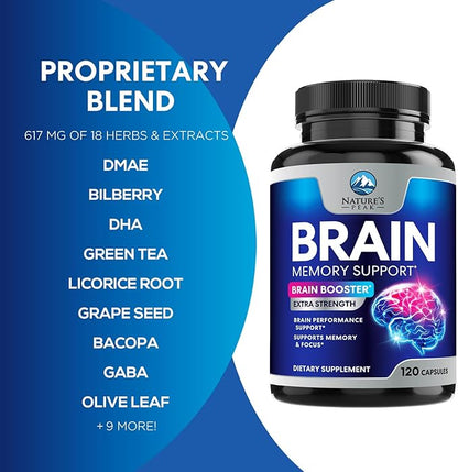 Brain Supplement Memory Pills - Nootropics Support for Concentration, Clarity, Energy & Focus - Brain Health with Bacopa, Cognitive Vitamins, Phosphatidylserine, DMAE - Brain Booster - 120 Capsules