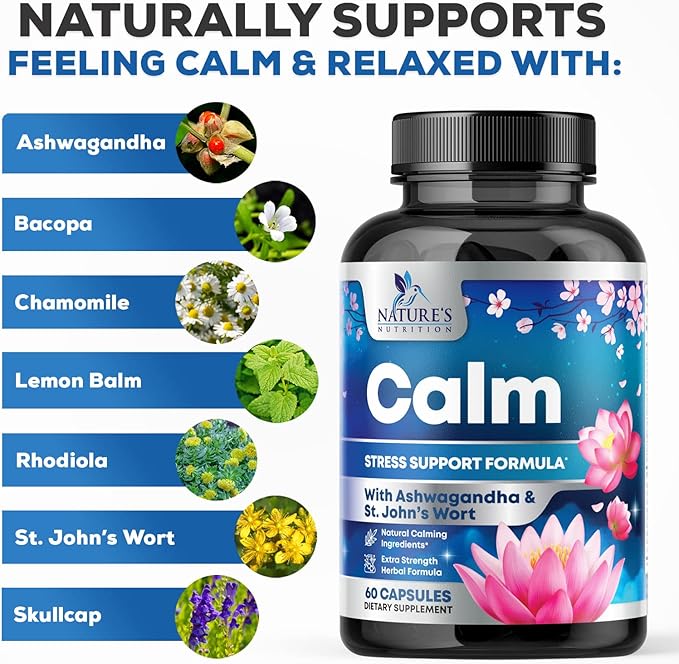 Natural Unwind, Calm, & Relax Support with Ashwagandha, GABA, Magnesium, 5-HTP, L-Theanine & B Vitamins, Natural Focus, Energy & Immune Support - Nature's Non-GMO, Vegan, Gluten Free - 60 Capsules