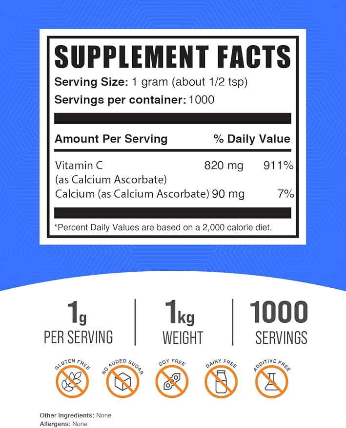 BulkSupplements.com Calcium Ascorbate Powder - Buffered Vitamin C, Calcium Supplement Powder, Vitamin C Supplement - Gluten Free, 1000mg per Serving, 1kg (2.2 lbs) (Pack of 1)