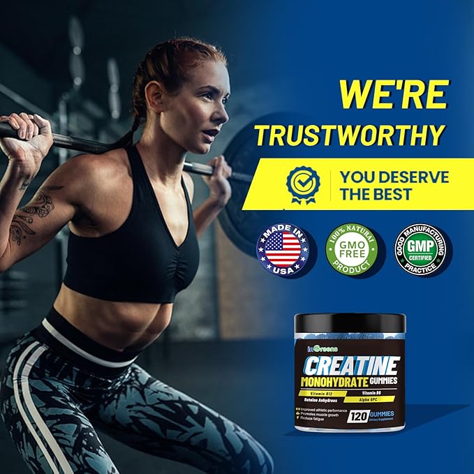 Creatine Monohydrate Gummies 6g for Men & Women, Potent Creatine Supplement, Chewables Creatine for Energy Boost, Increase Strength and Build Muscle, Gluten-Free, Sugar Free,120 Count