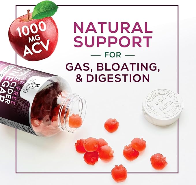 Nature's Nutrition Apple Vinegar Gummy for Weight Loss 1000mg - Vegan Apple Cider Vinegar Gummies for Detox & Cleanse, ACV Supplement Pills, Vitamin B12, Sugar Free ACV Gummy, Non-GMO - 60 Gummies