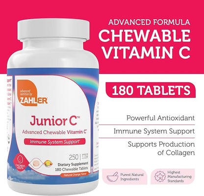 Zahler Junior C Advanced Chewable Vitamin C for Kids - Immune Support Kids Vitamins in Delicious Orange Flavor - Kosher Kids Vitamin C for Immunity - Vitamin C Chewable Antioxidant - (180 Count)