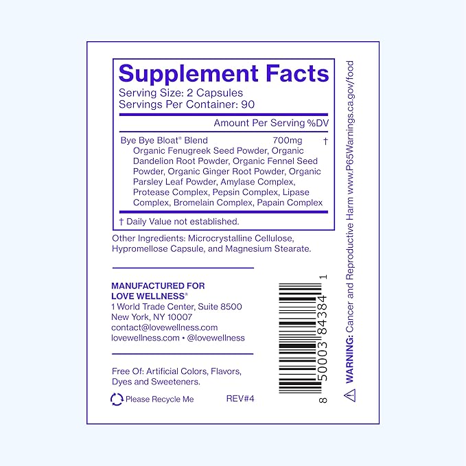 Love Wellness Bye Bye Bloat, Digestive Enzymes | Bloating Relief for Women | Help Reduce Gas Relief & Water Retention | Supports Digestive Health with Fenugreek & Dandelion | 180 Count