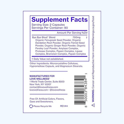 Love Wellness Bye Bye Bloat, Digestive Enzymes | Bloating Relief for Women | Help Reduce Gas Relief & Water Retention | Supports Digestive Health with Fenugreek & Dandelion | 180 Count