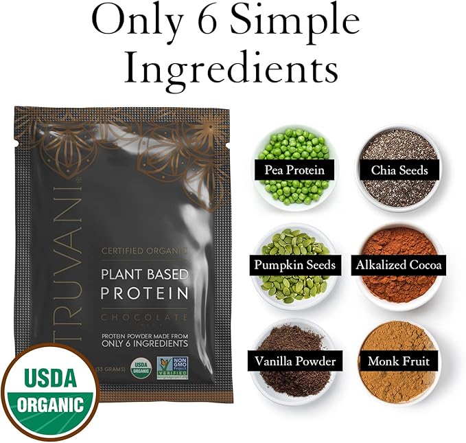 Truvani Vegan Pea Protein Powder | Chocolate | 20g Organic Plant Based Protein | 10 Travel Packets | Keto | Gluten & Dairy Free | Low Carb | No Added Sugar