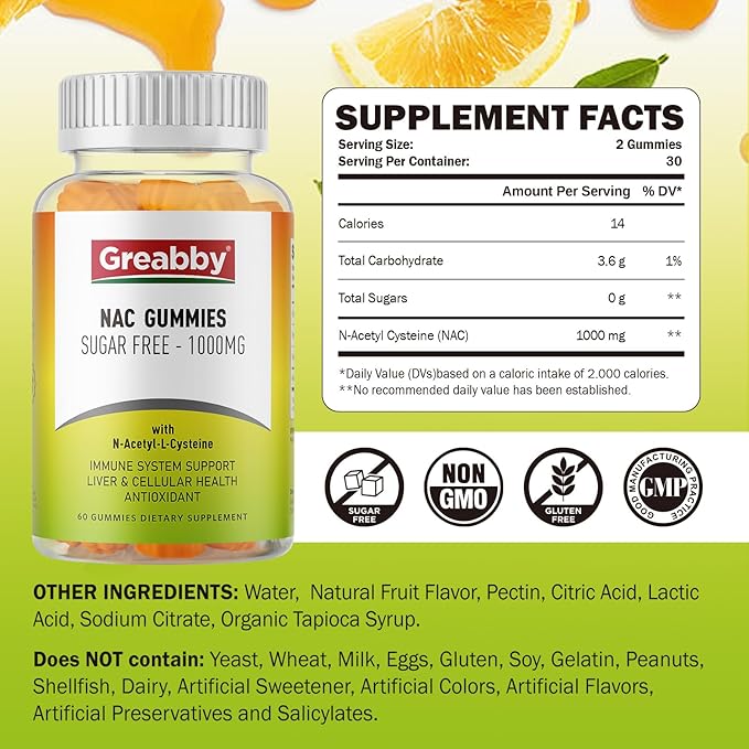 NAC Gummies Sugar Free, N Acetyl Cysteine NAC Supplement 1000mg for Antioxidants, Lung & Liver Health, Immune Support, Vegan Orange Flavor,60ct