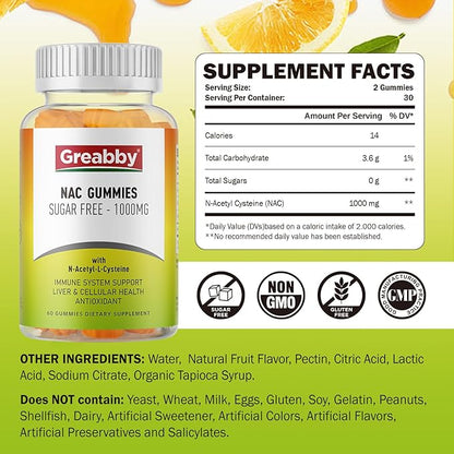 NAC Gummies Sugar Free, N Acetyl Cysteine NAC Supplement 1000mg for Antioxidants, Lung & Liver Health, Immune Support, Vegan Orange Flavor,60ct