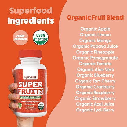 Feel Great USDA Organic Fruit and Vegetable Supplements | 20+ Super Reds & Greens for Natural Energy Support | Vegan Fruit and Veggie Vitamins | 2 Pack of 90 Count