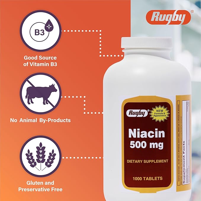 Rugby Niacin 500mg - Vitamin B3 Supplement for Men and Women - 1,000 Tablets