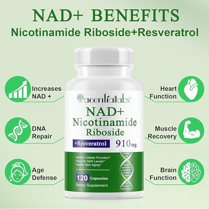 NAD+ Supplement 910mg - Liposomal Nicotinamide Riboside, Resveratrol, Quercetin, NAD Supplement Vitamin D3, Vitamin C - Cellular Energy, Repair and Aging for Men and Women, 120 Capsules