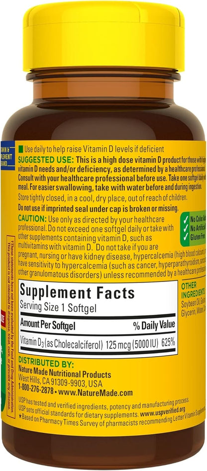 Nature Made Extra Strength Vitamin D3 5000 IU (125 mcg), Dietary Supplement for Bone, Teeth, Muscle and Immune Health Support, 180 Softgels, 180 Day Supply