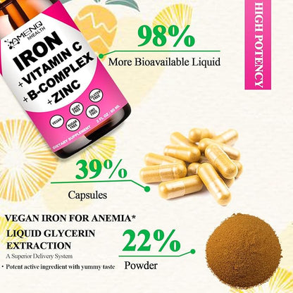 Iron Supplement for Women Men & Kids, Iron Vitamin C, A, B-Complex, Vegan Iron Drops High Potency Liquid Vitamin & Iron Supplements for Anemia, Red Blood Cell, Energy, Blood Builder, Gentle Iron