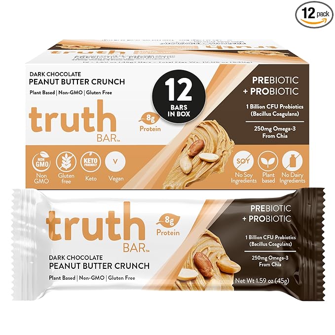 Truth Bar Prebiotic & Probiotic Keto Snack Vegan Bars with Omega-3's - Synbiotic High Fiber Snacks - Low Sugar, Kosher, Gluten Free - Dark Chocolate Peanut Butter Crunch (Pack of 12)