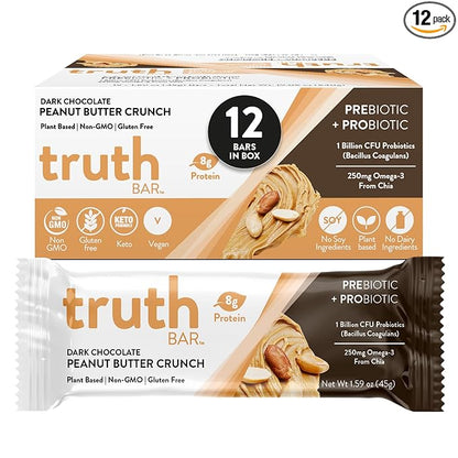 Truth Bar Prebiotic & Probiotic Keto Snack Vegan Bars with Omega-3's - Synbiotic High Fiber Snacks - Low Sugar, Kosher, Gluten Free - Dark Chocolate Peanut Butter Crunch (Pack of 12)