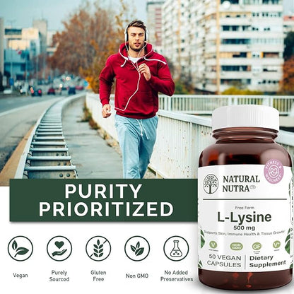 Natural Nutra L Lysine HCl, Promotes Bone Health and Growth, Helps Built Collagen, Improve Calcium Absorption, Non-GMO, Vegan, 500 mg, 50 Capsules.