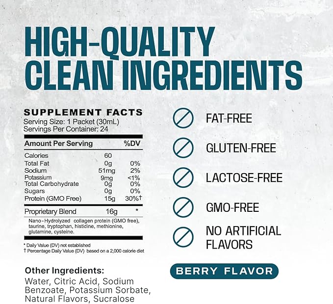 Frog Fuel Power Regular Protein Shot, 15g Protein Nano-Hydrolyzed Grass Fed Collagen, Post Workout, Gluten Free, Fat & Sugar Free, 22 Amino Acids, 0 Carbs, Berry, 1 oz Packets, 24 Pack