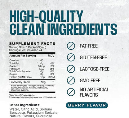 Frog Fuel Power Regular Protein Shot, 15g Protein Nano-Hydrolyzed Grass Fed Collagen, Post Workout, Gluten Free, Fat & Sugar Free, 22 Amino Acids, 0 Carbs, Berry, 1 oz Packets, 24 Pack