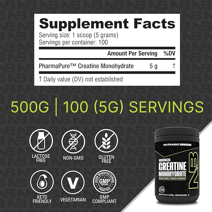 NutraBio Creatine Monohydrate - Micronized Pure Grade - Supports Muscle Energy and Strength - Unflavored, HPLC Tested (500 Grams)
