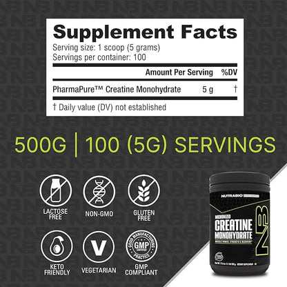 NutraBio Creatine Monohydrate - Micronized Pure Grade - Supports Muscle Energy and Strength - Unflavored, HPLC Tested (500 Grams)