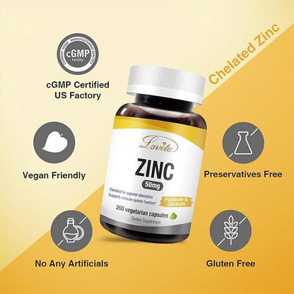 Lovita Zinc 50mg | Potent Highly-Absorbed Chelated Zinc Supplements, Picolinate & Bisglycinate | Vegan, Gluten Free, Non-GMO | for Immune, Antioxidant Support & Healthy Skin | 200 Capsules
