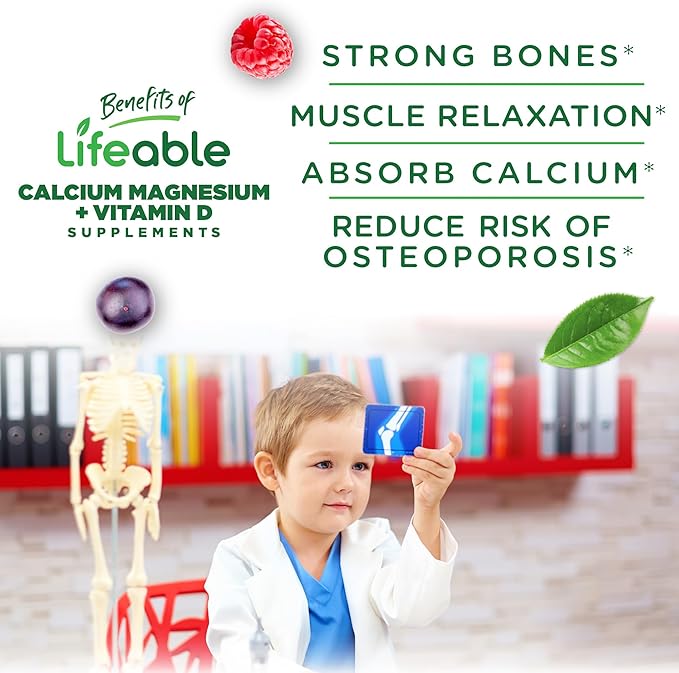 Lifeable Kids Calcium Magnesium Zinc Gummies | Calcium with Vitamin D3 | Great Tasting Calcium Supplements for Kids | Kids Calcium Gummies for Bone Health | Magnesium Calcium for Kids | 90 Gummies