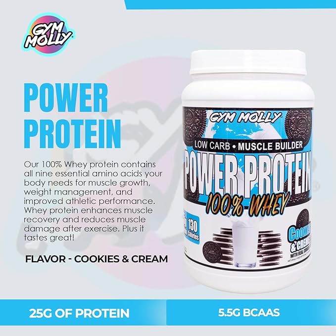 Gym Molly Power Protein Powder, 100% Whey Protein Isolate, 25g of Protein, 5.5g BCAAs, Fast Absorbing - Ready to Give You Fuel Around The Clock - 2lbs, Cookies & Cream Flavored