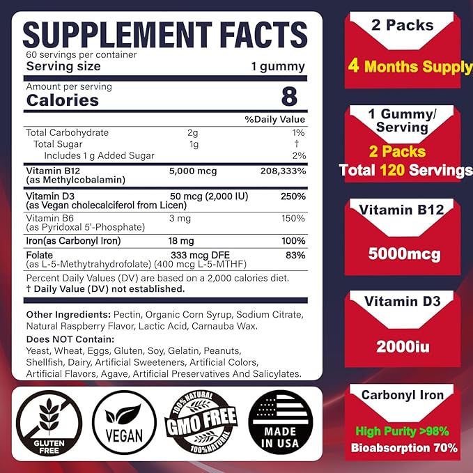 Iron Gummies 18mg+Vitamin B12 5000 mcg for Adults Kids - 4 Months Supply - 98% Purity Carbonyl Iron Supplement for Women Men, w/Folate,D3,B6 for Iron Deficiency&Anemia, Red Blood Cell Formation,Energy