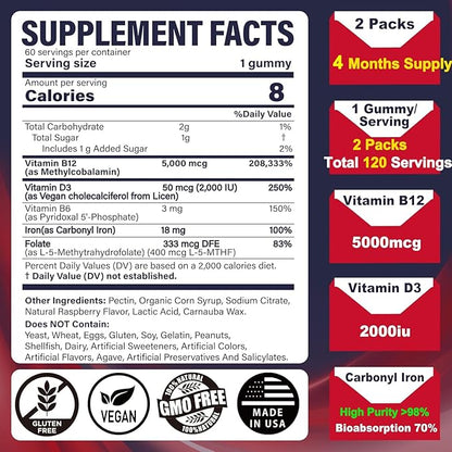 Iron Gummies 18mg+Vitamin B12 5000 mcg for Adults Kids - 4 Months Supply - 98% Purity Carbonyl Iron Supplement for Women Men, w/Folate,D3,B6 for Iron Deficiency&Anemia, Red Blood Cell Formation,Energy
