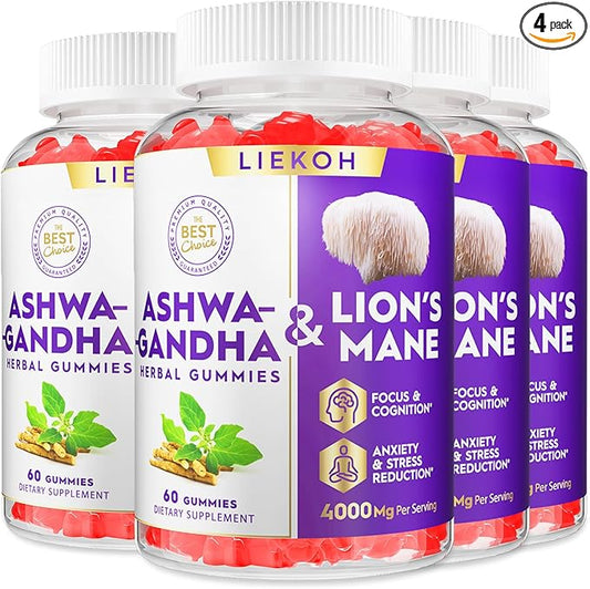 Ashwagandha & Lions Mane Gummies for Adults -Cortisol and Brain Health, 4000mg Ultra Strength Lion's Mane Mushroom Supplements, Berry Flavor - Packs of 4