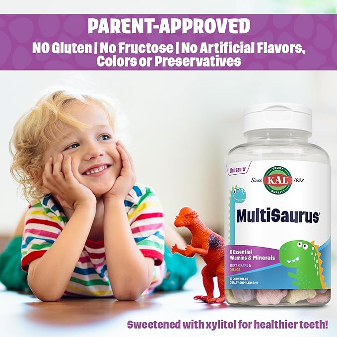 KAL MultiSaurus Kids Chewable Multivitamins, 11 Essential Vitamins and Minerals for Kids, Berry, Grape, Orange Chewables, Gluten and Fructose Free, 90 Servings, 90 Dinosaur-Shaped Chewables