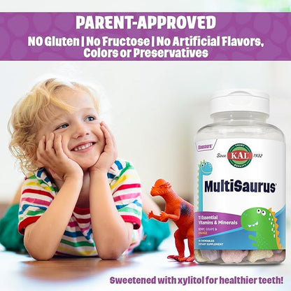 KAL MultiSaurus Kids Chewable Multivitamins, 11 Essential Vitamins and Minerals for Kids, Berry, Grape, Orange Chewables, Gluten and Fructose Free, 90 Servings, 90 Dinosaur-Shaped Chewables