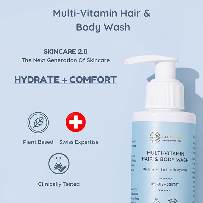 Little Rituals Baby Multi-Vitamin Body & Hair Wash - Tear Free + pH 5.5. Formulated with Best Plant Botanical - Honeysuckle, Basil, Mandarin. Natural, Organic, Dermat Tested(200ml)