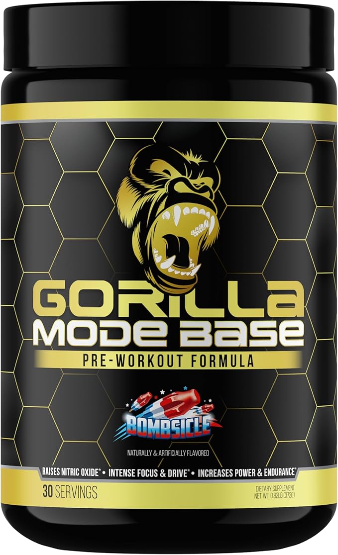 Gorilla Mode Base Pre Workout - Raises Nitric Oxide · Intense Focus & Drive · Endurance · Power - L-Citrulline, L-Tyrosine, Betaine, Alpha-GPC, Caffeine, Huperzine A - 360 Grams (Bombsicle)