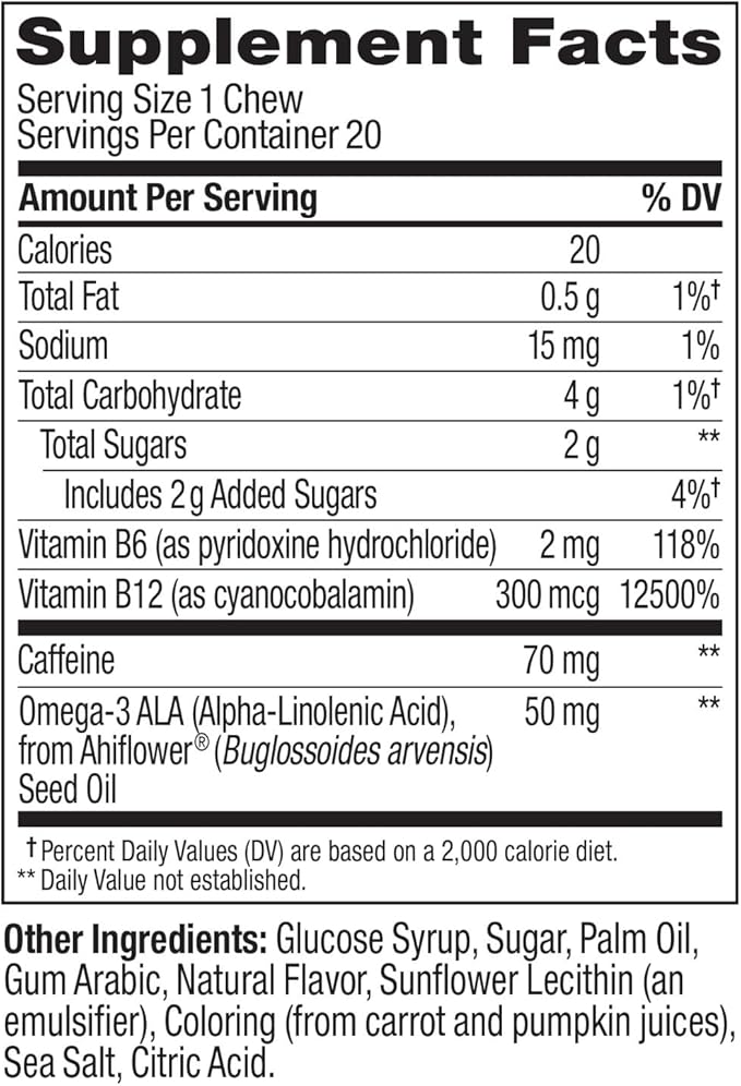 OLLY Energized Thinker Brainy Chews, 70mg of Caffeine, Vitamin B12 & Omega-3, Energy Supplement, Tropical, Vegetarian, 20 Count