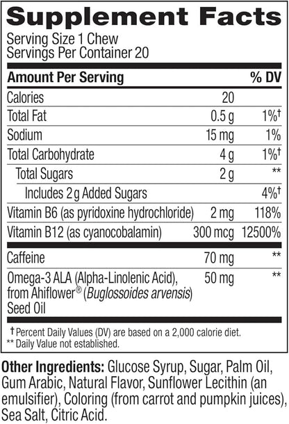 OLLY Energized Thinker Brainy Chews, 70mg of Caffeine, Vitamin B12 & Omega-3, Energy Supplement, Tropical, Vegetarian, 20 Count