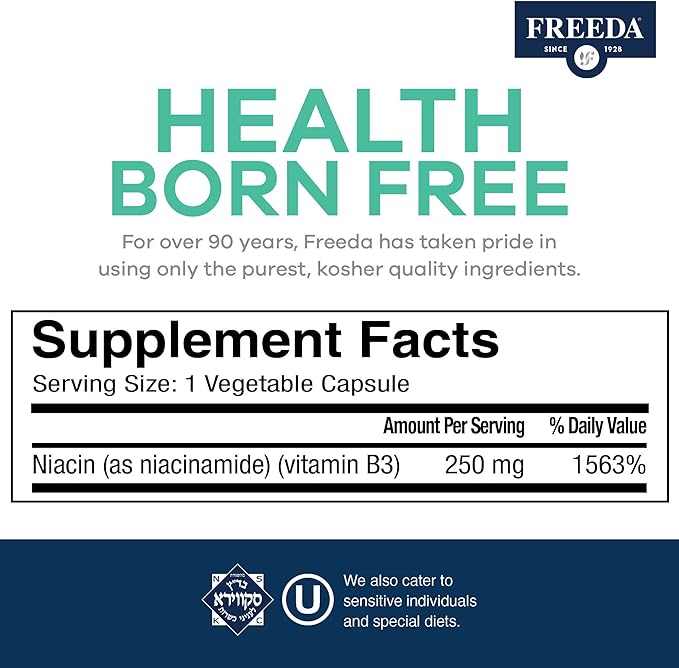 Freeda Niacinamide - Vitamin B3 Niacinamide 250 mg - Vegetarian No Flush Niacin Formula - B3 Vitamins Niacinamide Supplement - Niacin Flush Free Niacin Supplement Vitamin B3 Nicotinamide, 500 Capsules