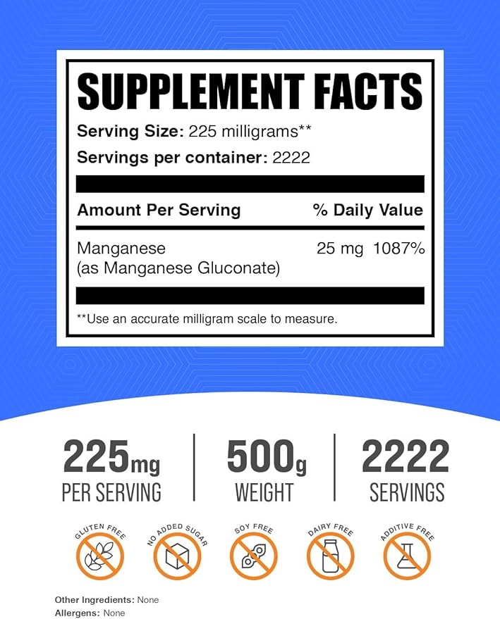 BulkSupplements.com Manganese Gluconate Powder - Manganese Supplements, Essential Trace Mineral - High Absorption & Gluten Free, 225mg per Serving, 500g (1.1 lbs) (Pack of 1)