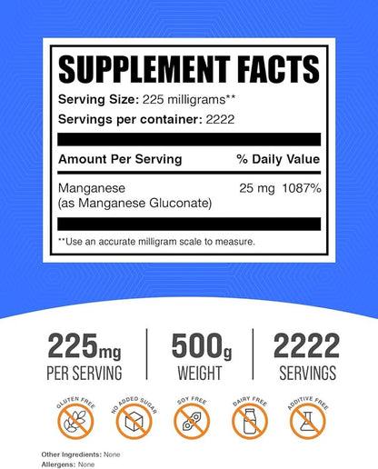 BulkSupplements.com Manganese Gluconate Powder - Manganese Supplements, Essential Trace Mineral - High Absorption & Gluten Free, 225mg per Serving, 500g (1.1 lbs) (Pack of 1)