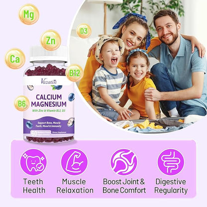 Calcium Magnesium Zinc Gummies with Vitamin D3 and B12, Immune Support Calcium Supplements for Women Men, 60 Vegan Blueberry Flavor Gummies