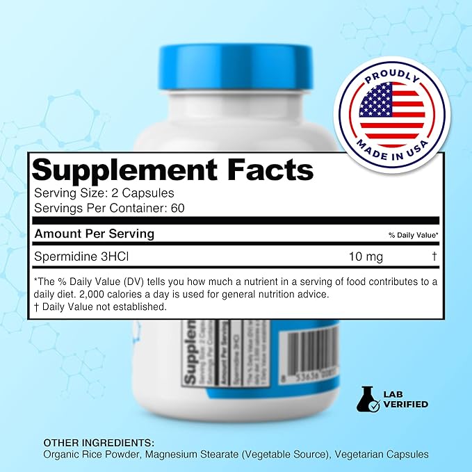 Spermidine Capsules 𝗚𝗟𝗨𝗧𝗘𝗡 𝗙𝗥𝗘𝗘 99% Concentration 100x More Potent Than Wheat Germ Extract for Anti-Aging DNA Telomere Support