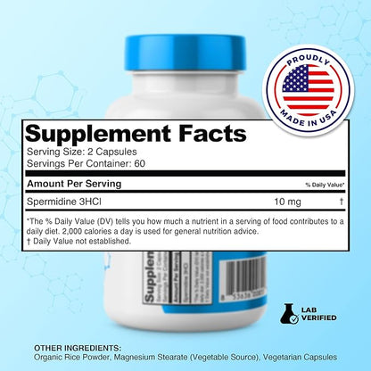 Spermidine Capsules 𝗚𝗟𝗨𝗧𝗘𝗡 𝗙𝗥𝗘𝗘 99% Concentration 100x More Potent Than Wheat Germ Extract for Anti-Aging DNA Telomere Support